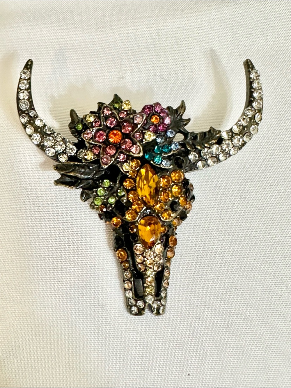 Multi-Colored Crystal Bull Skull Brooch